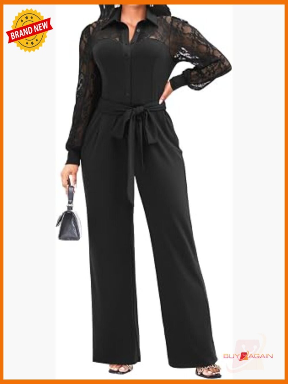 Elegant Lace Puff Sleeve Wide Leg Jumpsuit Formal One Piece
